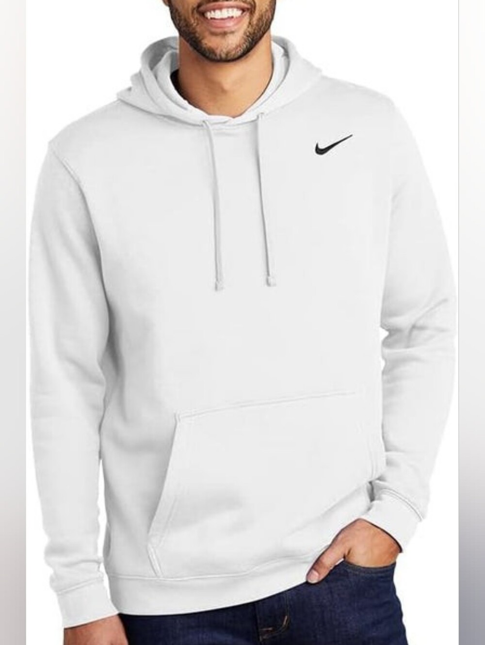 Nike Sportswear Men's White Pullover Club Hoodie with Black Swoosh Size Medium
